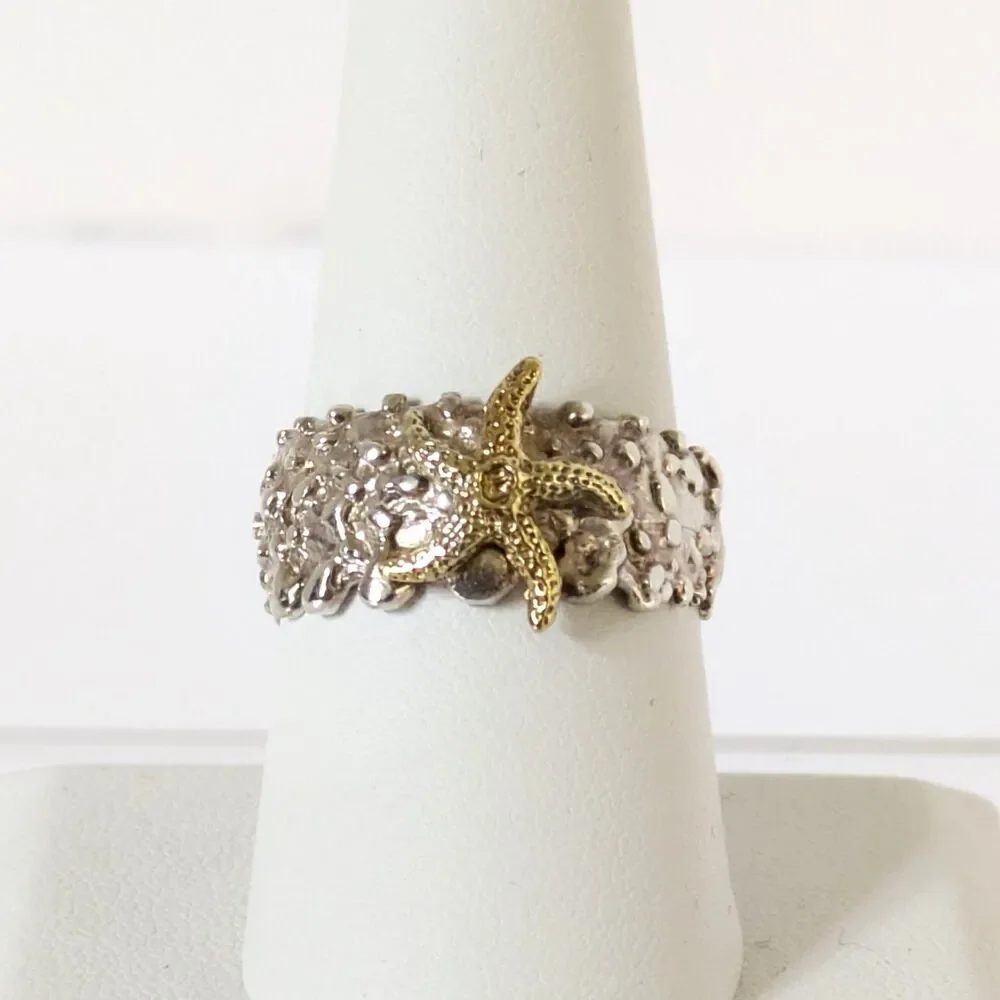 Sterling Silver 925 Brass Starfish Wide Band Ring Size 9 Nautical Beach Ocean